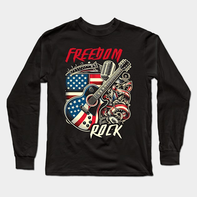 American Flag Guitarist Guitar Patriotic Men Women Long Sleeve T-Shirt by ArtbyJester